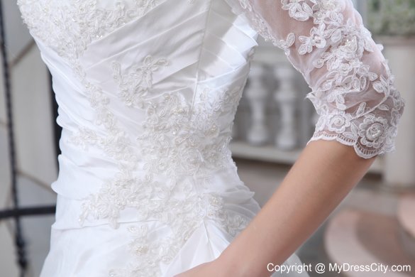 Discounted V-neck Court Train Wedding Gown with Transparent Sleeves