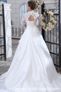 Discounted V-neck Court Train Wedding Gown with Transparent Sleeves