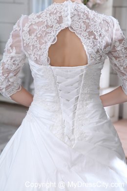 Discounted V-neck Court Train Wedding Gown with Transparent Sleeves