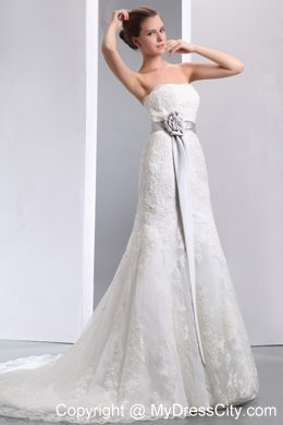 Luxurious Strapless Lace Flowery Mermaid Wedding Dress with Sliver Sash