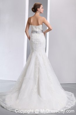 Luxurious Strapless Lace Flowery Mermaid Wedding Dress with Sliver Sash