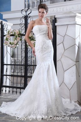 Strapless Court Train Beaded Belt Mermaid Wedding Dress Floor-length