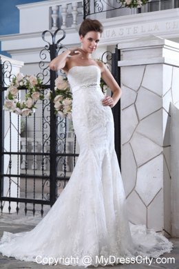 Strapless Court Train Beaded Belt Mermaid Wedding Dress Floor-length