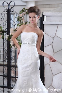 Strapless Court Train Beaded Belt Mermaid Wedding Dress Floor-length