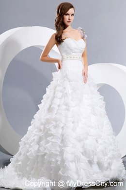 Must-have A-line Beaded and Ruffled Sweetheart Wedding Dress with Train