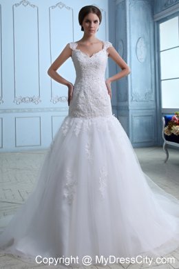 Iconic Trumpet Straps Brush Train Tulle and Lace Wedding Dress under 250