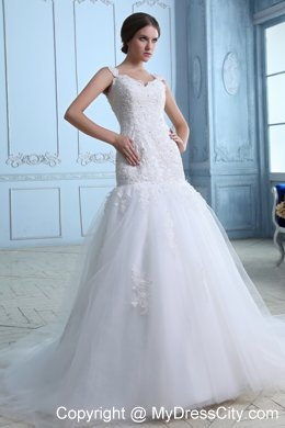 Iconic Trumpet Straps Brush Train Tulle and Lace Wedding Dress under 250