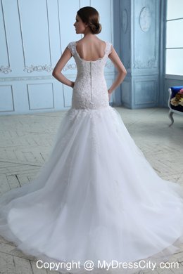 Iconic Trumpet Straps Brush Train Tulle and Lace Wedding Dress under 250