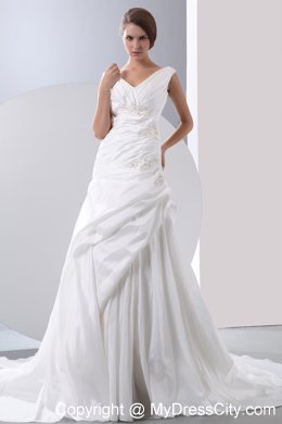 Hot A-line Appliques and Beading Ruched V-neck Wedding Anniversary Dress