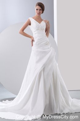 Hot A-line Appliques and Beading Ruched V-neck Wedding Anniversary Dress