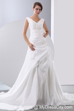 Hot A-line Appliques and Beading Ruched V-neck Wedding Anniversary Dress