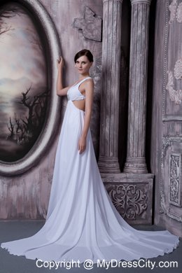 Sexy A-line V-neck Court Train Chiffon Beading Wedding Dress with Cut Out