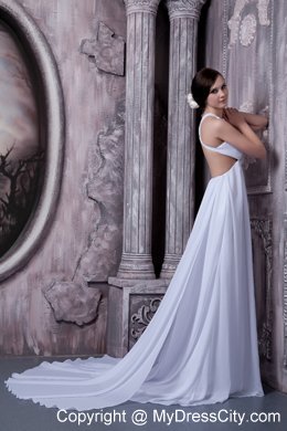 Sexy A-line V-neck Court Train Chiffon Beading Wedding Dress with Cut Out