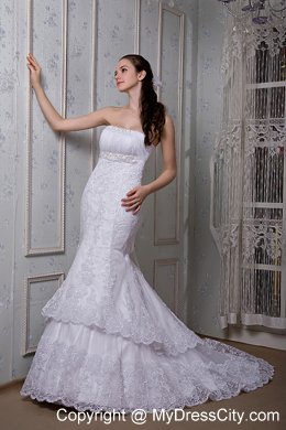 Voguish Mermaid Strapless Court Train Slinky Lace Wedding Dress on Sale