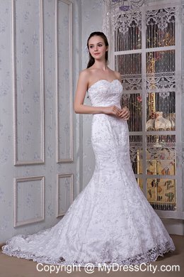 2013 Mermaid Strapless Court Train Lace Bridal Dress Clasp Handle Back