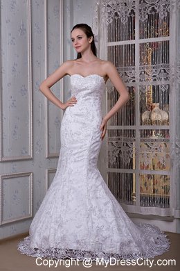 2013 Mermaid Strapless Court Train Lace Bridal Dress Clasp Handle Back