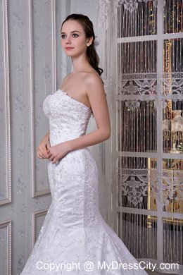 2013 Mermaid Strapless Court Train Lace Bridal Dress Clasp Handle Back