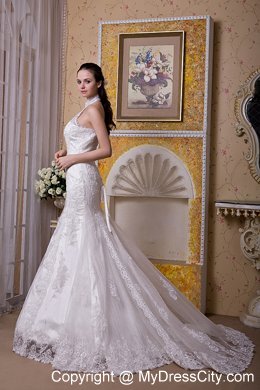 Upscale Mermaid Halter Top Taffeta and Lace Brush Train Wedding Dress