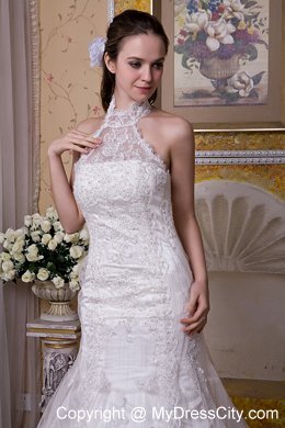 Upscale Mermaid Halter Top Taffeta and Lace Brush Train Wedding Dress