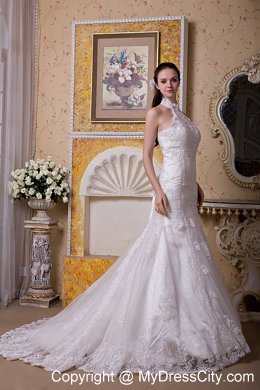 Upscale Mermaid Halter Top Taffeta and Lace Brush Train Wedding Dress