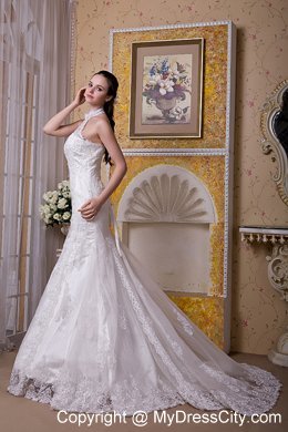 Upscale Mermaid Halter Top Taffeta and Lace Brush Train Wedding Dress