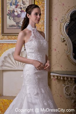 Upscale Mermaid Halter Top Taffeta and Lace Brush Train Wedding Dress