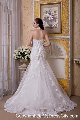 Upscale Mermaid Halter Top Taffeta and Lace Brush Train Wedding Dress