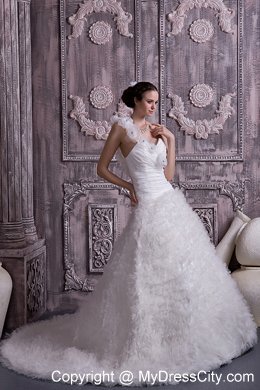 Trendy One Shoulder Court Train Beaded A-line Flowery Wedding Dress