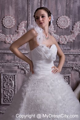 Trendy One Shoulder Court Train Beaded A-line Flowery Wedding Dress