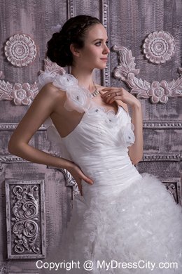 Trendy One Shoulder Court Train Beaded A-line Flowery Wedding Dress