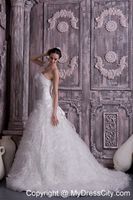 Trendy One Shoulder Court Train Beaded A-line Flowery Wedding Dress