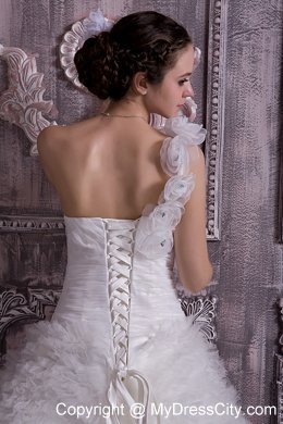 Trendy One Shoulder Court Train Beaded A-line Flowery Wedding Dress