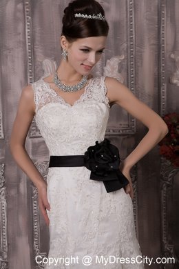 Latest White Column V-neck Court Train Wedding Dress with Black Sash