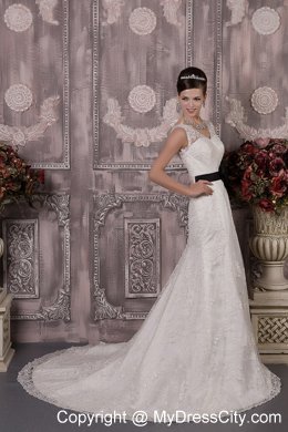Latest White Column V-neck Court Train Wedding Dress with Black Sash