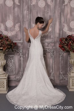 Latest White Column V-neck Court Train Wedding Dress with Black Sash