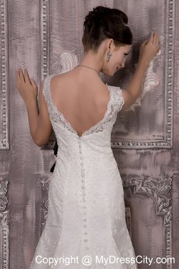 Latest White Column V-neck Court Train Wedding Dress with Black Sash