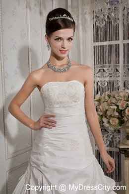 Elegant A-line Strapless Court Train Appliques and Ruches Wedding Dress