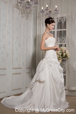 Elegant A-line Strapless Court Train Appliques and Ruches Wedding Dress