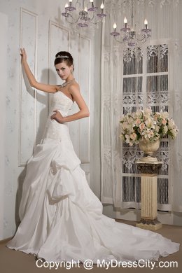 Elegant A-line Strapless Court Train Appliques and Ruches Wedding Dress