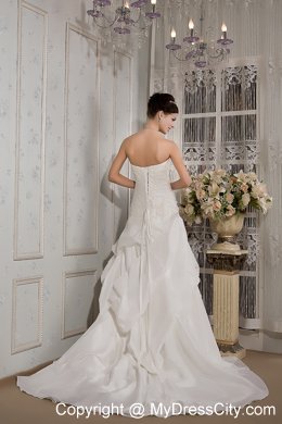 Elegant A-line Strapless Court Train Appliques and Ruches Wedding Dress