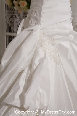 Elegant A-line Strapless Court Train Appliques and Ruches Wedding Dress