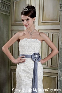 Mermaid Strapless Court Train Lace Wedding Dress with Gray Sash