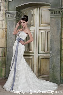 Mermaid Strapless Court Train Lace Wedding Dress with Gray Sash