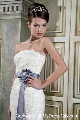 Mermaid Strapless Court Train Lace Wedding Dress with Gray Sash