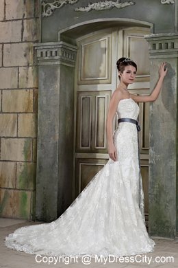 Mermaid Strapless Court Train Lace Wedding Dress with Gray Sash