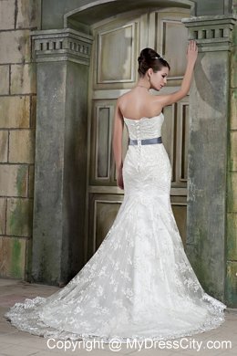 Mermaid Strapless Court Train Lace Wedding Dress with Gray Sash