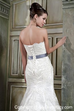 Mermaid Strapless Court Train Lace Wedding Dress with Gray Sash