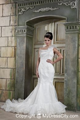 Mermaid One Shoulder Court Train Organza Ruffles Wedding Dress