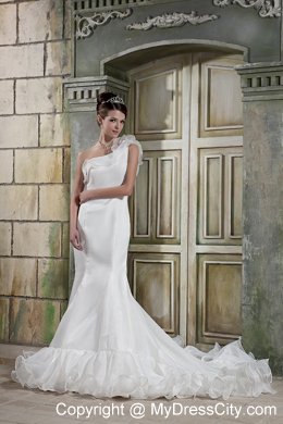 Mermaid One Shoulder Court Train Organza Ruffles Wedding Dress