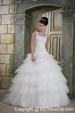 Modest Ball Gown Scoop Neck Brush Train Beaded Wedding Dress